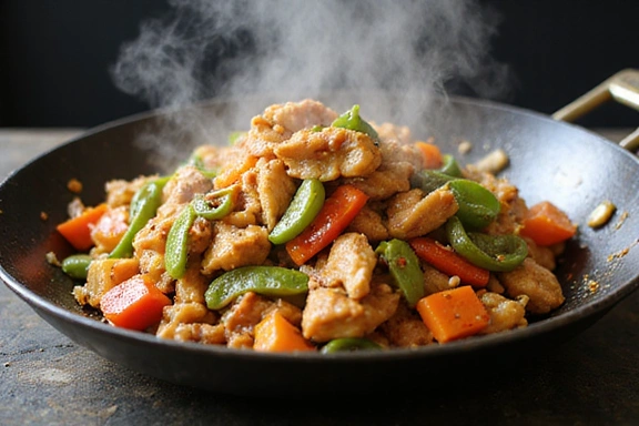 Chicken and vegetable stir-fry in a wok.